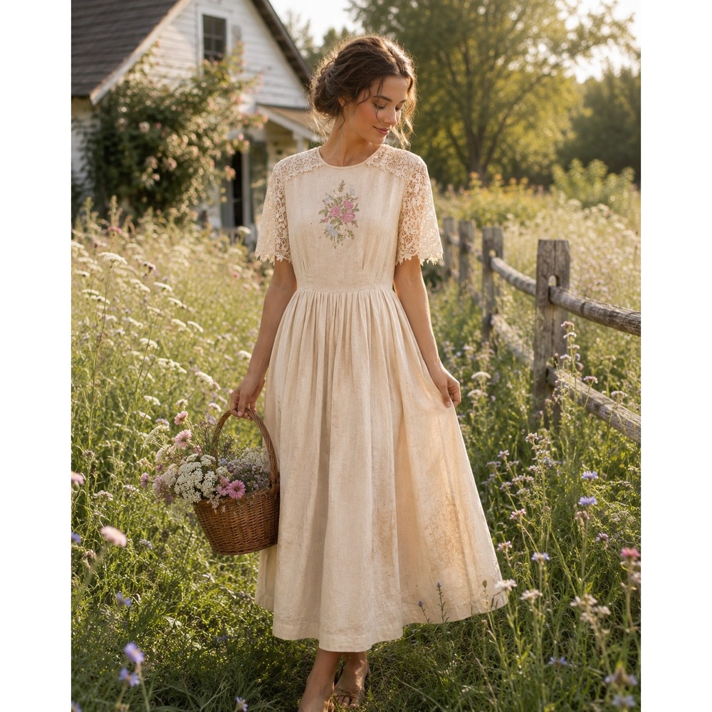Vintage Handmade Embroidered Lace Linen Dress Cream‎ Cottagecore Project Piece
